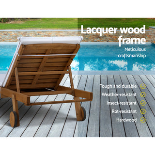 Gardeon 2x Sun Lounge Wooden Lounger Outdoor Furniture Day Bed Wheel Patio White