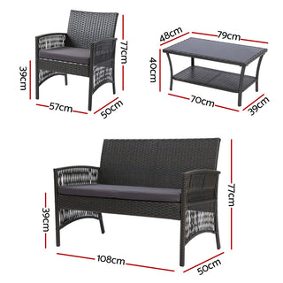 Gardeon 4PCS Outdoor Sofa Set Wicker Harp Chair Table Garden Furniture Grey