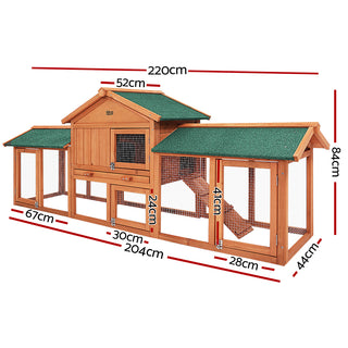i.Pet Chicken Coop Rabbit Hutch 220cm x 44cm x 84cm Large Run Wooden Outdoor Bunny Cage House
