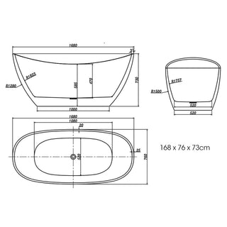 MARBELLA Freestanding Bath Tub Bathtub 1680x760x730 Round Standing Acrylic Gloss