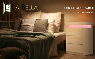 Bedside Table 3 Drawers RGB LED Bedroom Cabinet Nightstand Gloss GLORY OAK