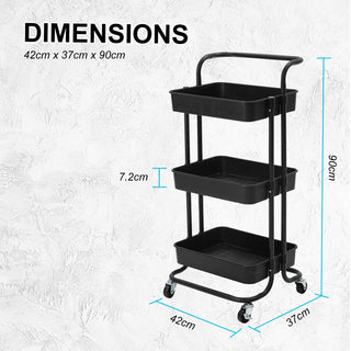 Trolley Cart Storage Utility Rack Shelf Organiser Swivel Kitchen 3 Tier BLACK