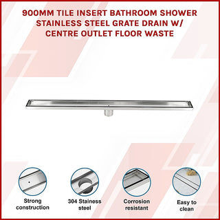 900mm Tile Insert Bathroom Shower Stainless Steel Grate Drain w/Centre outlet Floor Waste