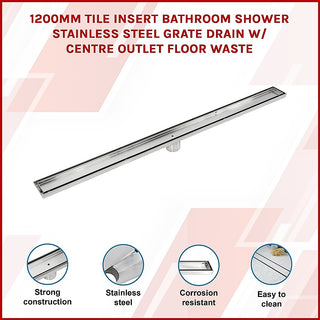 1200mm Tile Insert Bathroom Shower Stainless Steel Grate Drain w/Centre outlet Floor Waste