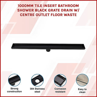 1000mm Tile Insert Bathroom Shower Black Grate Drain w/Centre outlet Floor Waste
